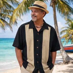 Island Republic 100% Silk Button Up Shirt Sz M Black Tan Embroidered Camp Collar